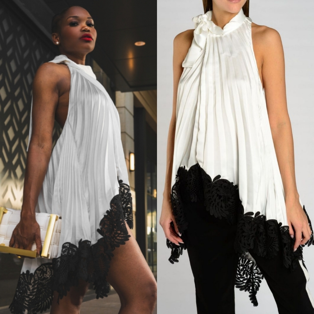 NWT Self-Portrait Pleated Ivory Wrap Top Lace Hem White Black Medium